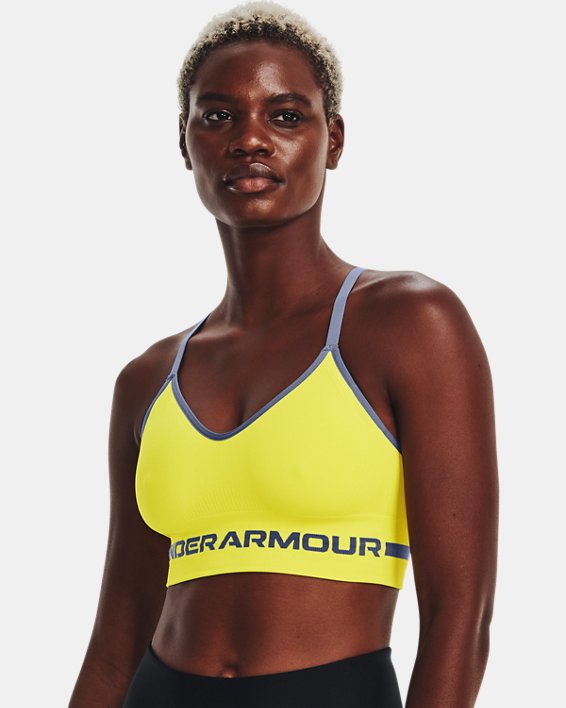 Damen UA Seamless Low Long Sport-BH, Yellow, pdpMainDesktop image number 0